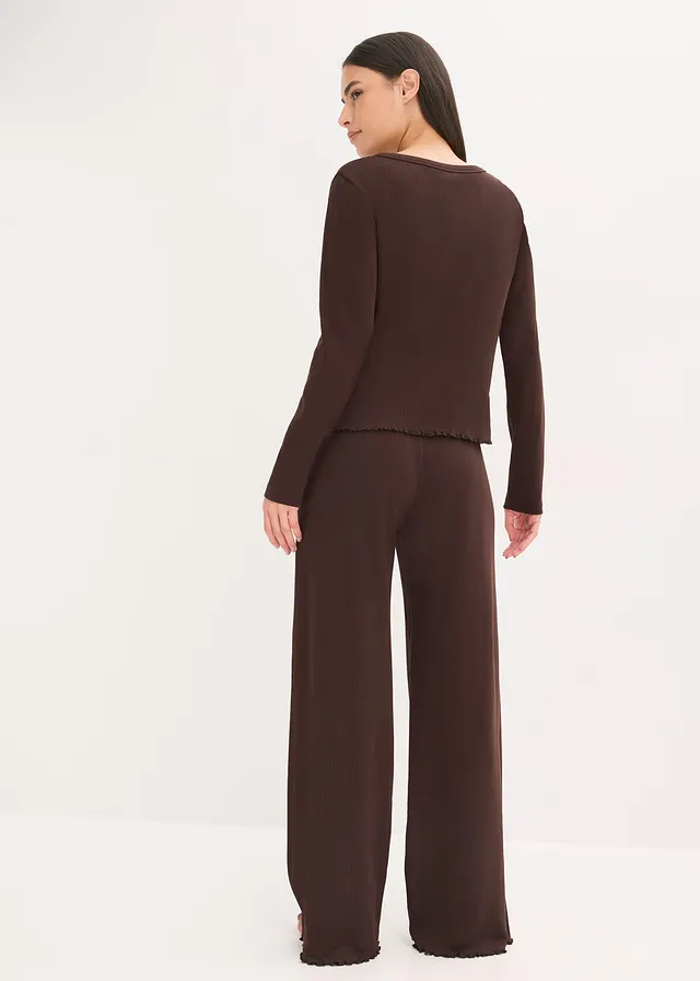 Pyjama boutonné en matière côtelée, Couleur: marron foncé