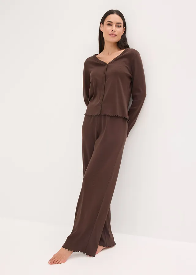 Geribde pyjama met knoopsluiting, Kleur: donkerbruin