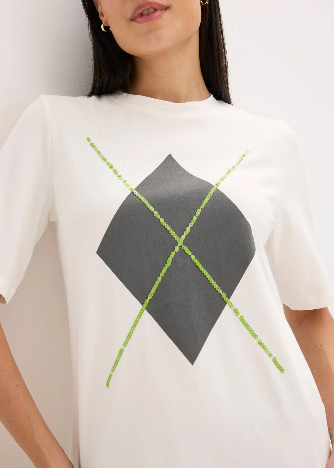 T-shirt manches coude avec imprimé et sequins • écru imprimé • Boutique bonprix