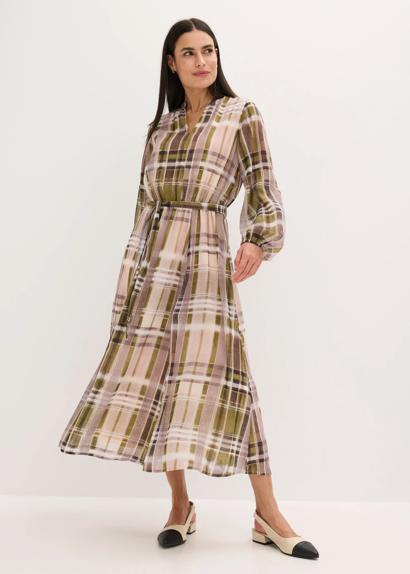 Šifónové šaty s vázačkou • béžovo-olivově zelená kostkovaná • bonprix obchod