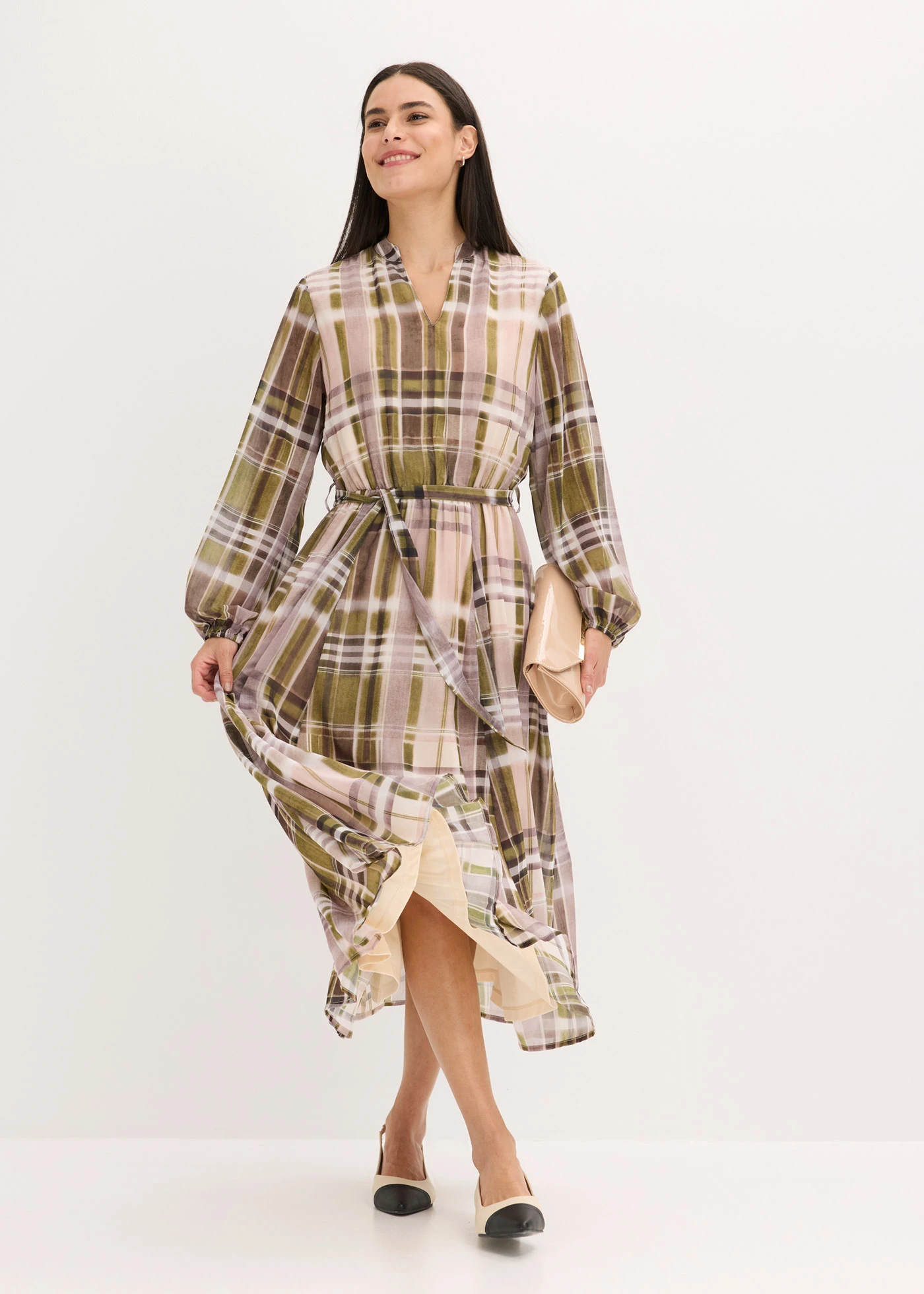 Šifónové šaty s vázačkou • béžovo-olivově zelená kostkovaná • bonprix obchod