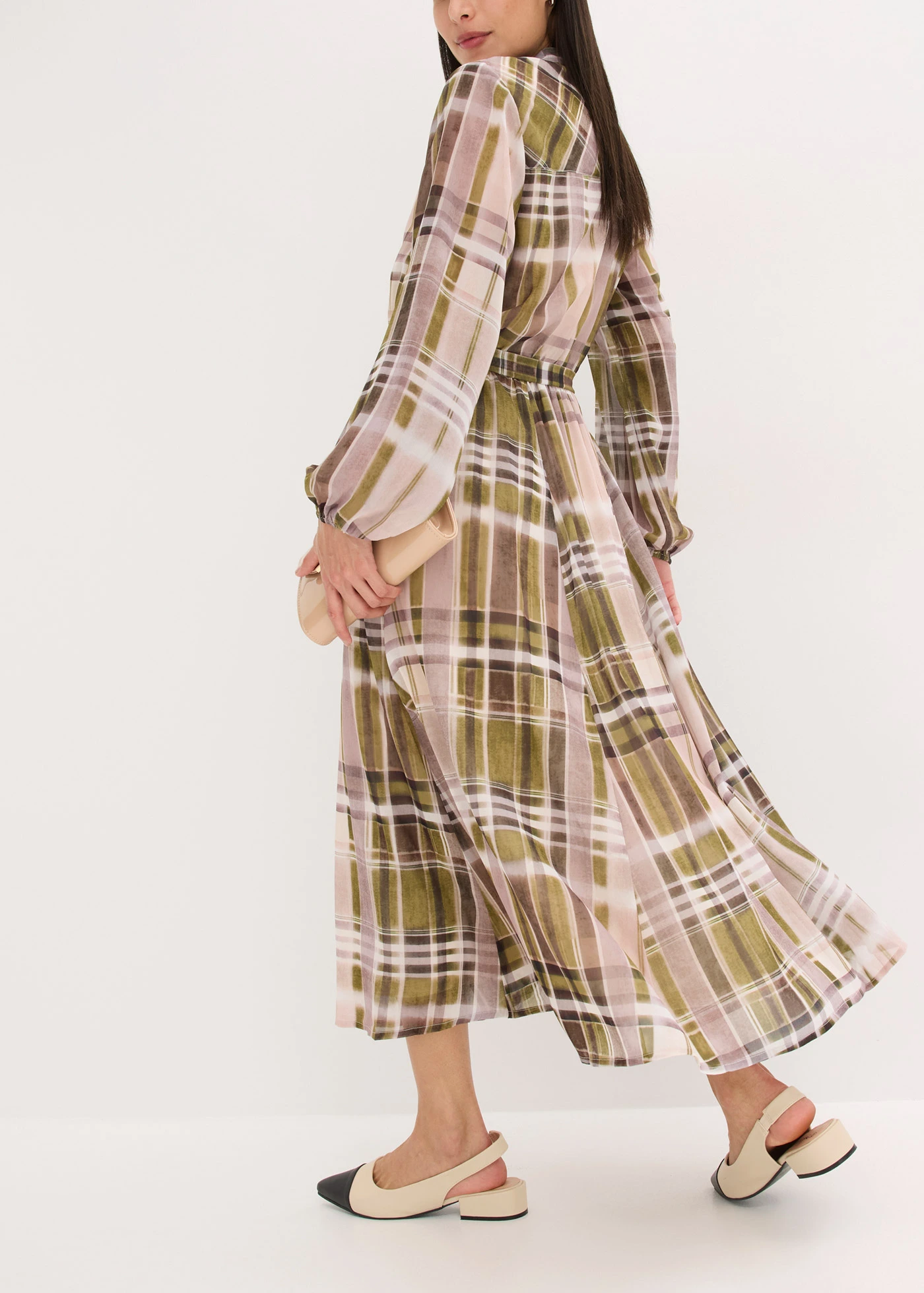 Šifónové šaty s vázačkou • béžovo-olivově zelená kostkovaná • bonprix obchod