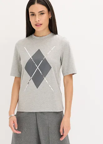 Shirt met halflange mouwen, pailletten en print, Kleur: lichtgrijs gemêleerd