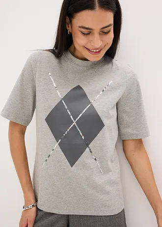 T-shirt manches coude avec imprimé et sequins • gris clair chiné • Boutique bonprix