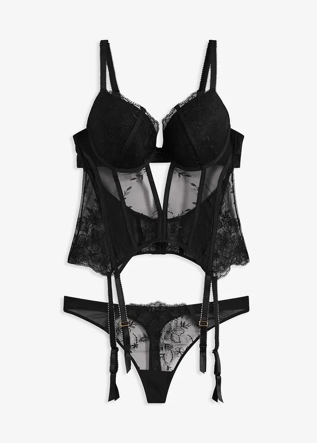 Corset cu armătură și chilot string cu broderie elegantă (set/ 2 piese)