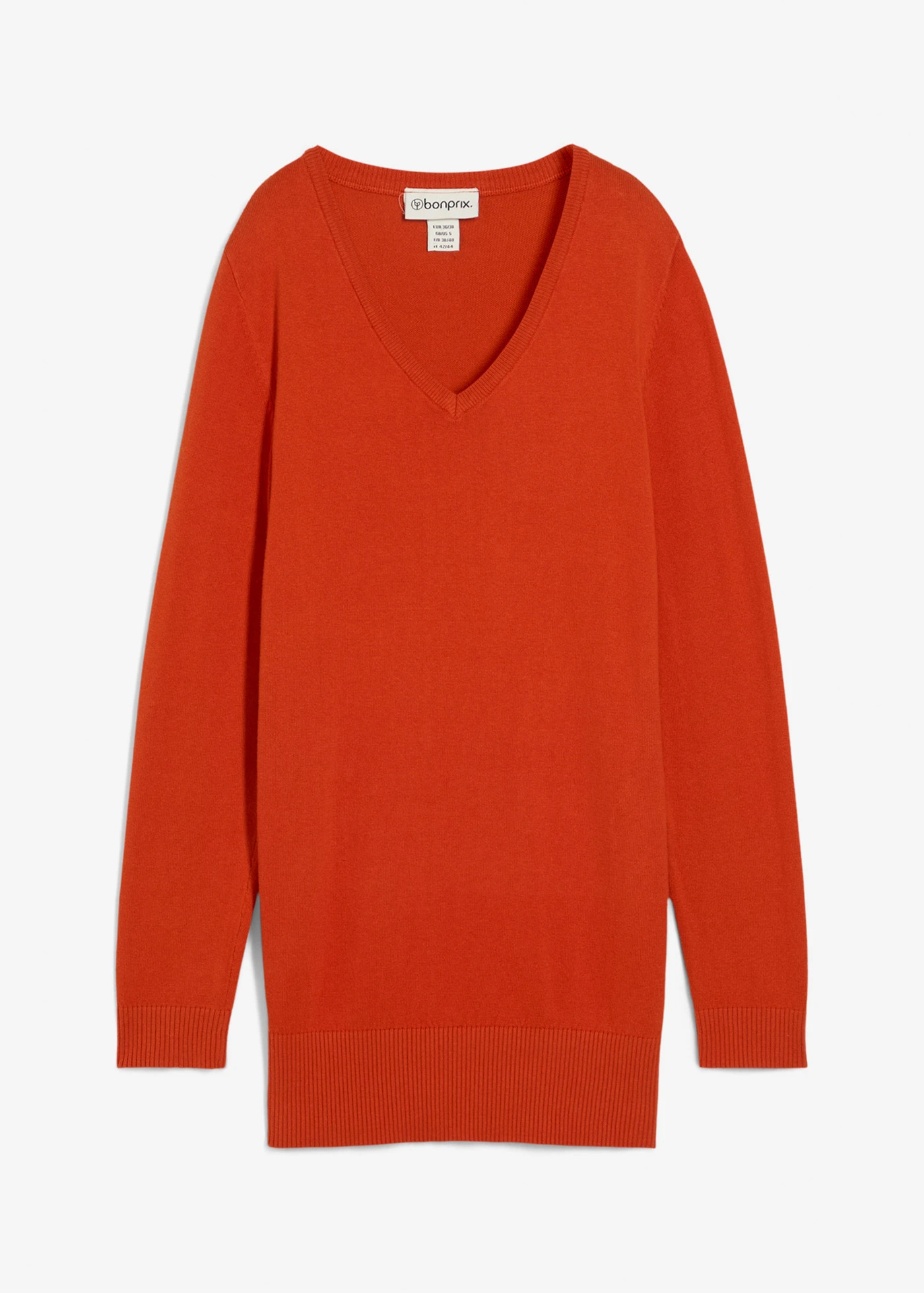 Długi sweter z cienkiej dzianiny z kolekcji basic z dekoltem w serek • pomarańczowa lawa • sklep bonprix