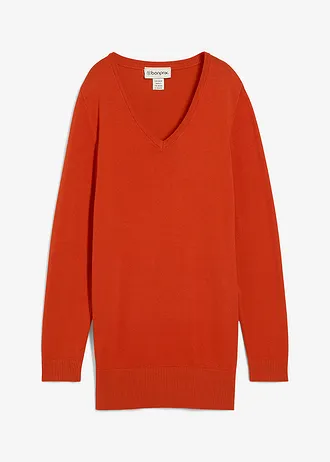 Długi sweter z cienkiej dzianiny z kolekcji basic z dekoltem w serek • pomarańczowa lawa • sklep bonprix