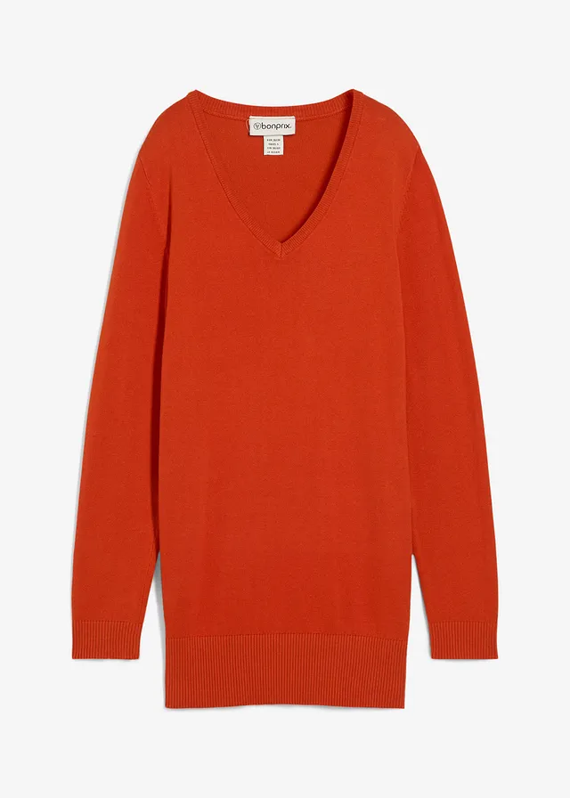 Pull long basique en fine maille à col V