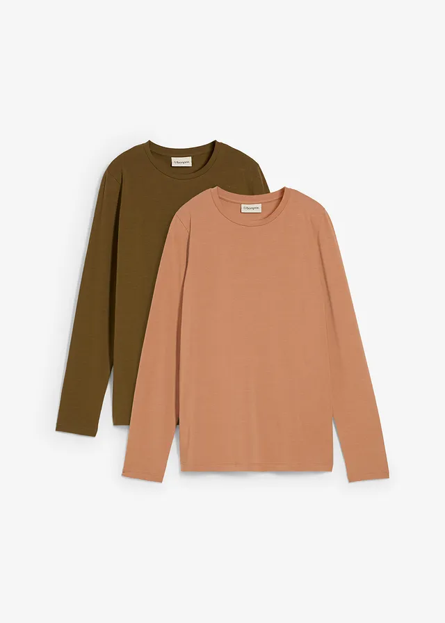 Tričko s dlhým rukávom, Slim Fit, z čistej bio bavlny (2 ks v balení) • hnedá/olivovozelená • obchod bonprix