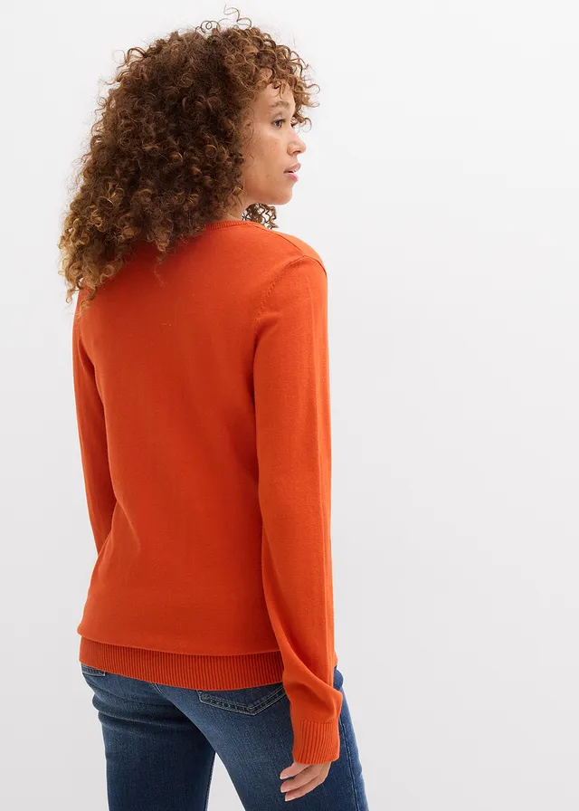 Pull long basique en fine maille à col V • orange lave • product-page.page-title-suffix