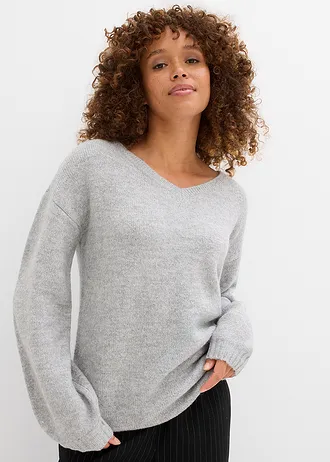 Fijngebreide trui met ballonmouwen, Kleur: lichtgrijs gemêleerd