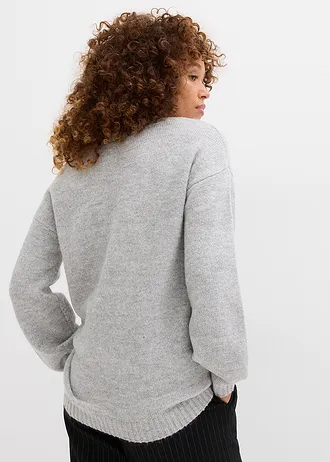 Fijngebreide trui met ballonmouwen, Kleur: lichtgrijs gemêleerd