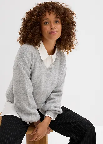 Měkký svetr z jemné pleteniny, s balonovými rukávy • světle šedý melír melír • bonprix obchod