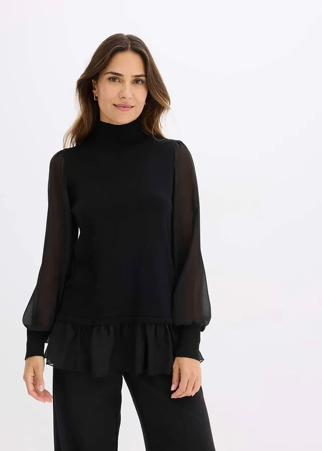 Fijngebreide trui met blouse-inzet • zwart • product-page.page-title-suffix