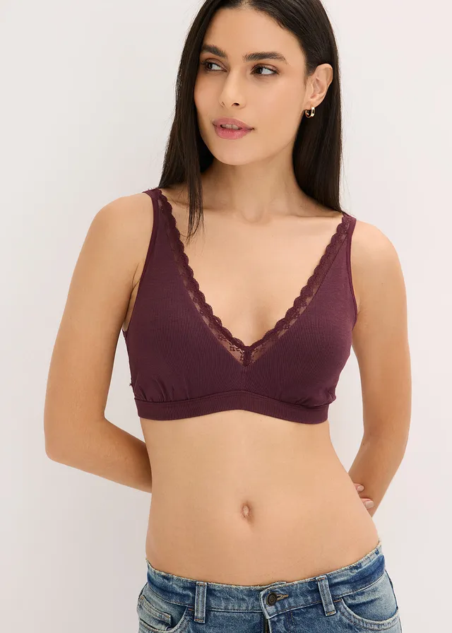 Geribde bralette met biologisch katoen en kant, Kleur: wijnrood