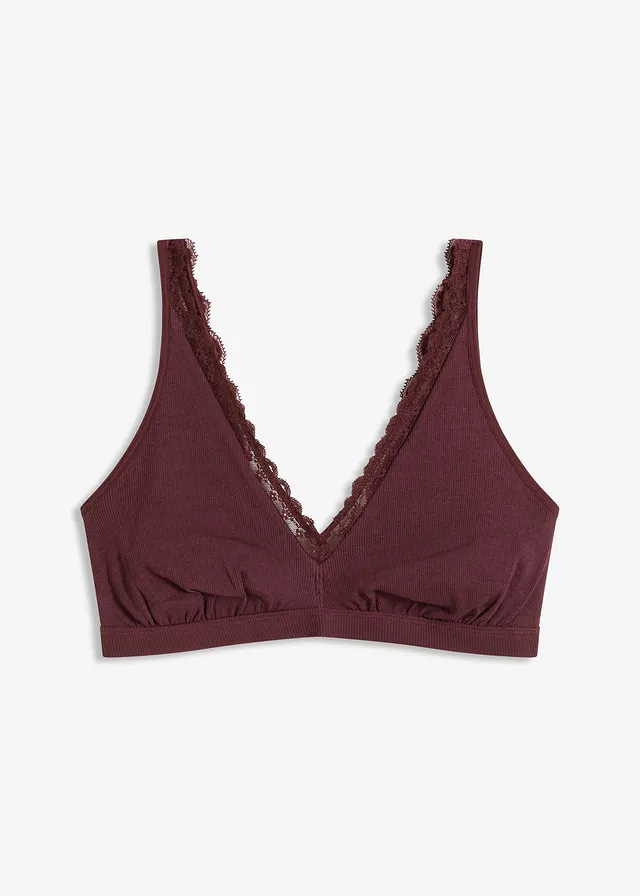 Geribde bralette met biologisch katoen en kant, Kleur: wijnrood