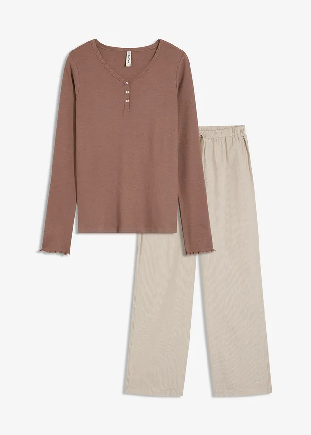 Pyjama avec un T-shirt côtelé et un pantalon tissé