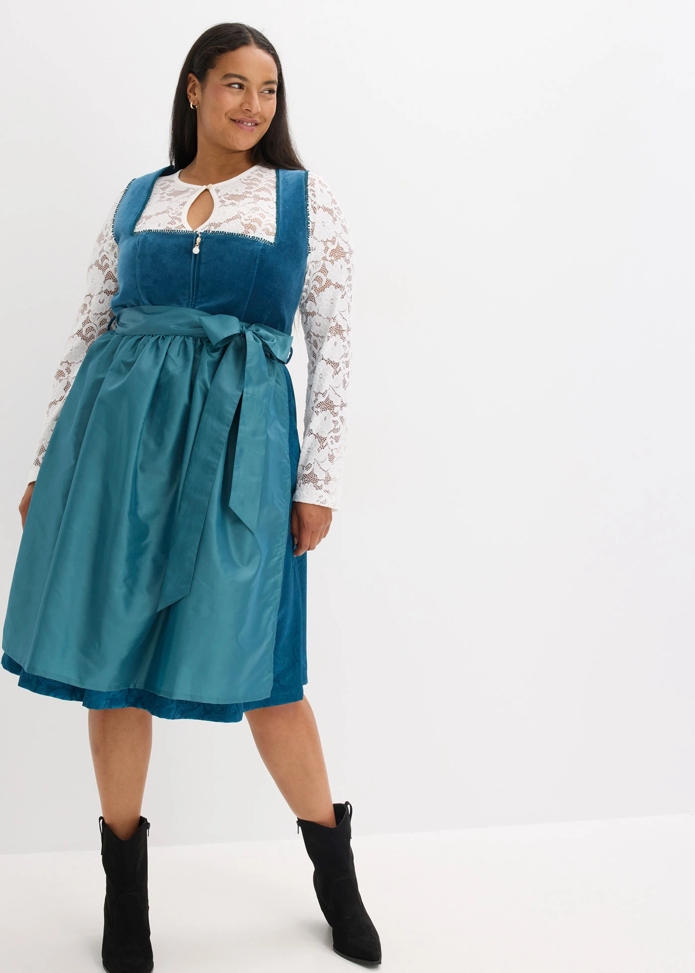 Kroj ve stylu dirndl se sametem, v délce midi (2dílná souprava) • oceánově modrá plus size • bonprix obchod