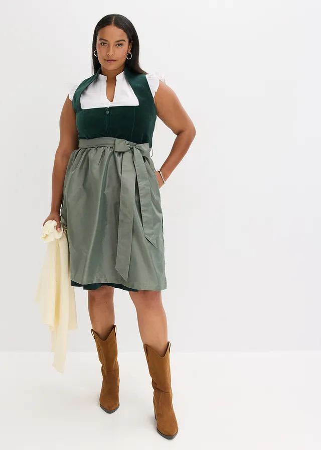 Dirndl met fluweel in midi lengte (2-dlg. set), Kleur: olijfgroen-olijfgroen