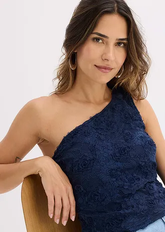 Top s odhaleným ramenem a výšivkou • modrá • bonprix obchod