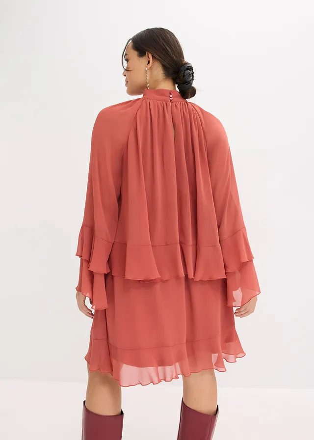 Chiffon jurk met volants, Kleur: marsala