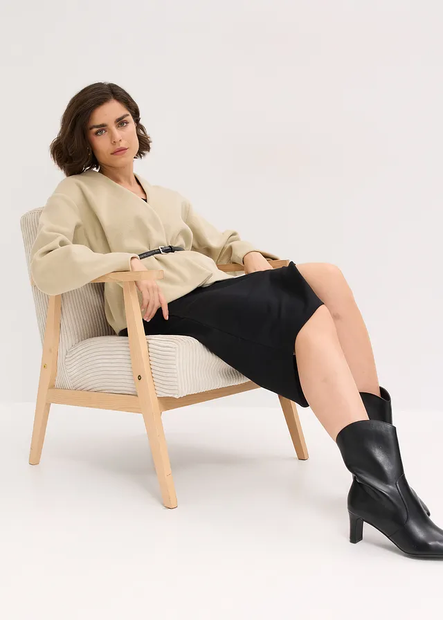 Oversized blazer met riem in wollook, gewatteerd zwart