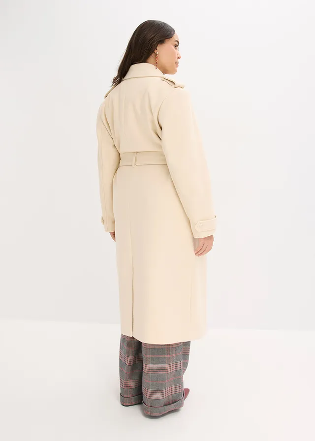 Trenchcoat in wollen look, Kleur: kiezelbeige