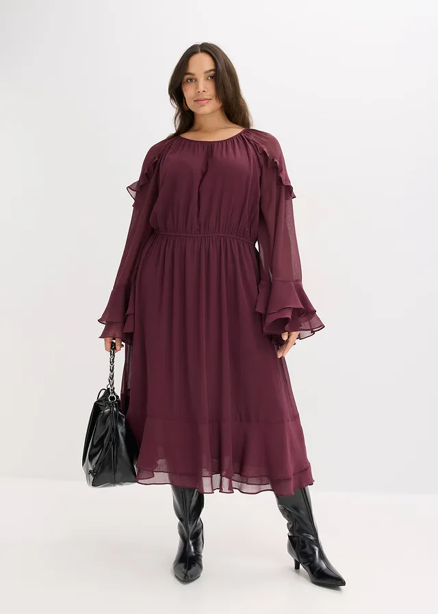 Chiffon jurk met volants, Kleur: wijnrood