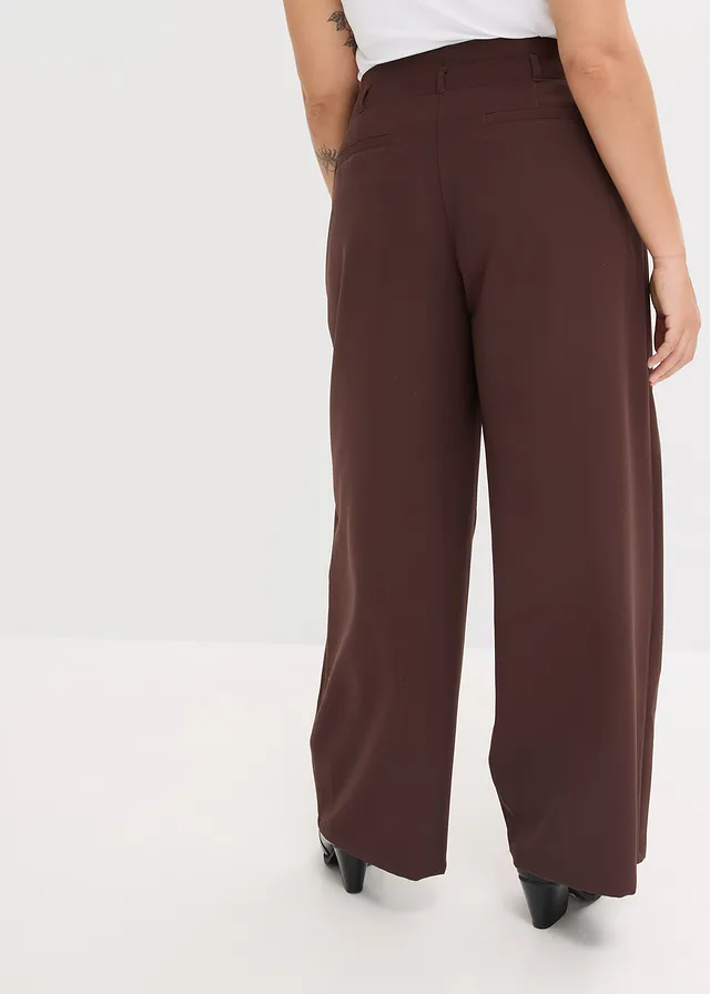 Wijde bandplooibroek met stretch, Kleur: donkerbruin