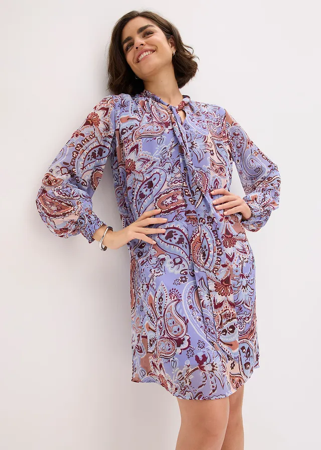 Chiffon tuniekjurk met een strik lichtblauw-bruin paisley