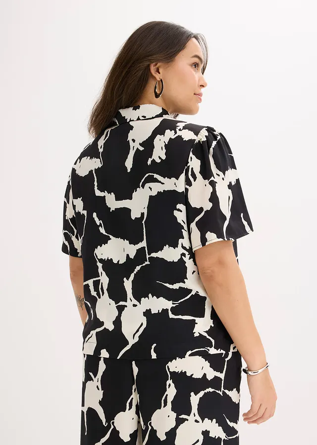 Chemisier en satin fluide, Couleur: noir-blanc imprimé
