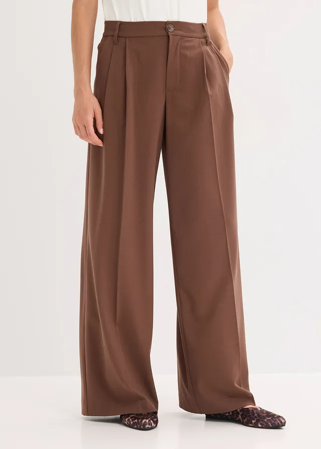 Pantalon fluide à pinces en viscose mélangée, Couleur: marron