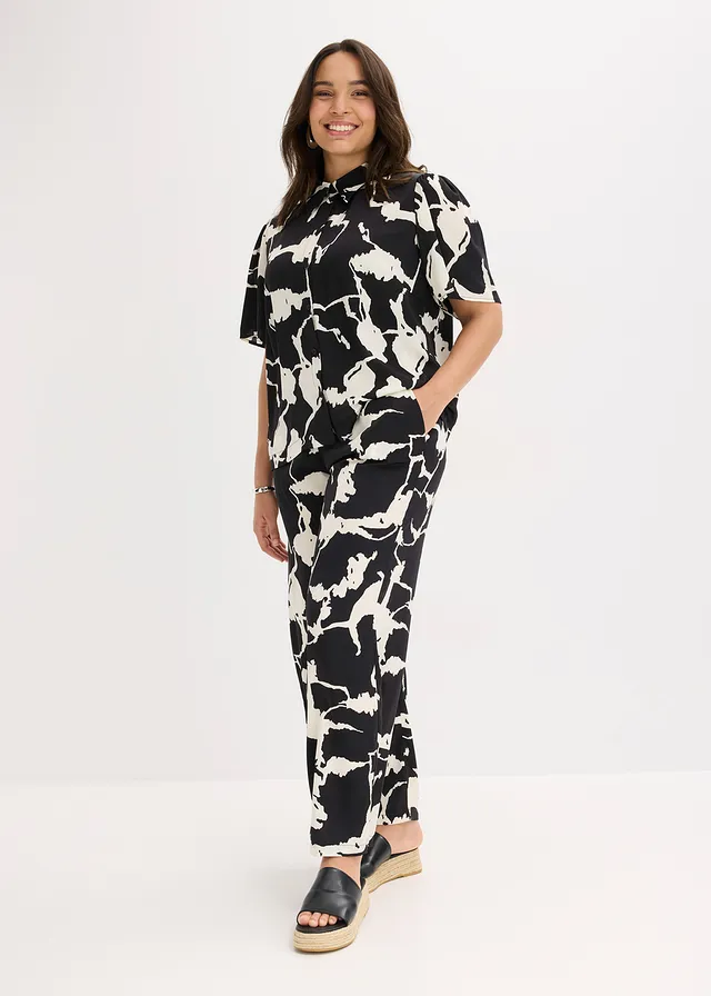 Blouse van soepel satijn, Kleur: zwart-wit gedessineerd