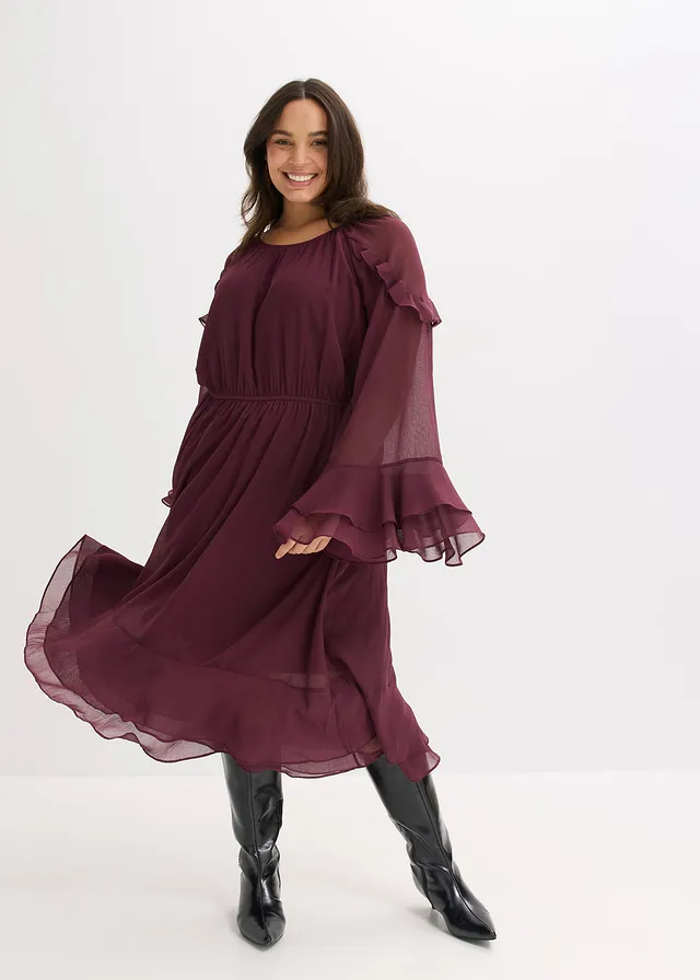 Chiffon jurk met volants, Kleur: wijnrood
