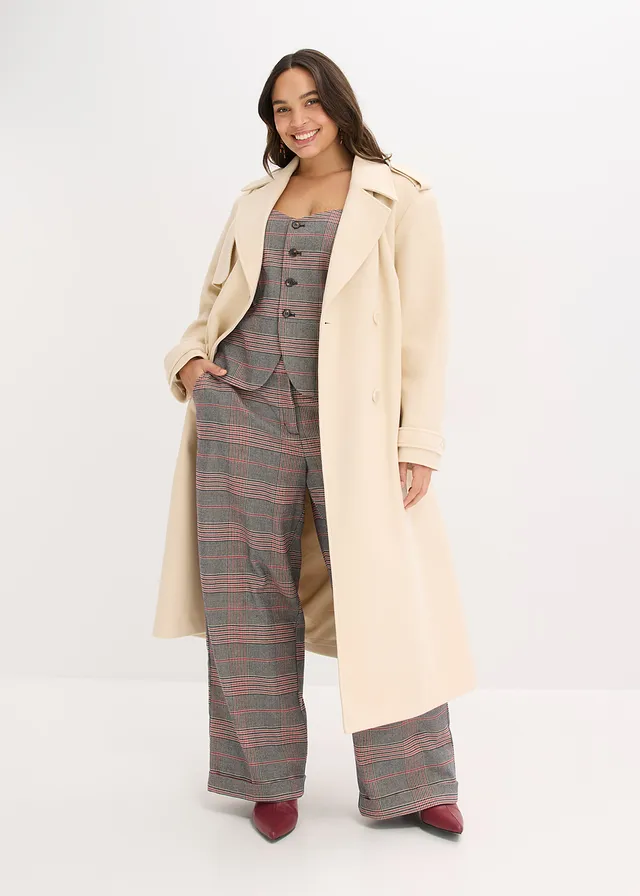 Trenchcoat in wollen look, Kleur: kiezelbeige