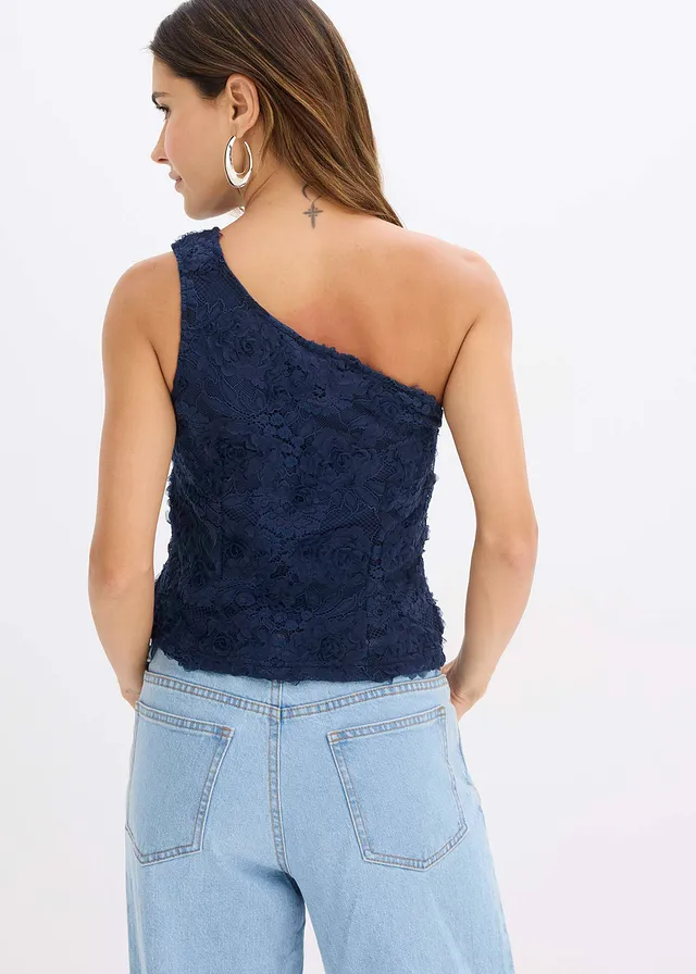 One-shoulder top met borduursel • blauw • product-page.page-title-suffix