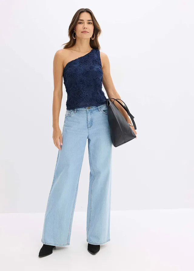 One-shoulder top met borduursel • blauw • product-page.page-title-suffix