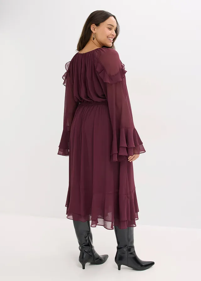 Chiffon jurk met volants, Kleur: wijnrood