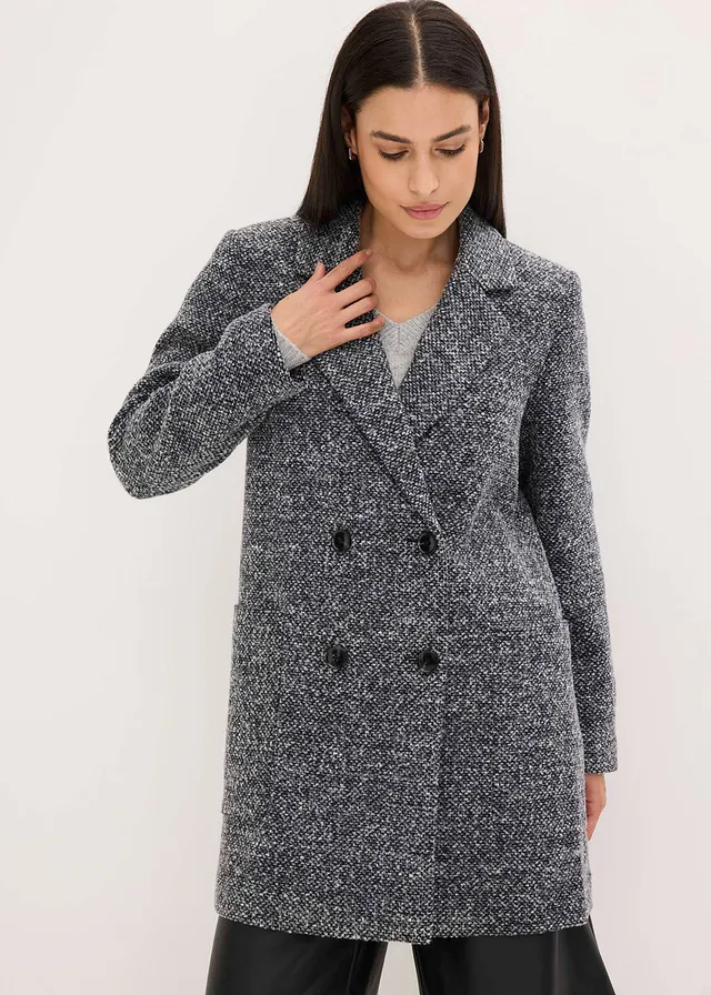 Korte jas in wollen look, Kleur: donkerantraciet gemêleerd