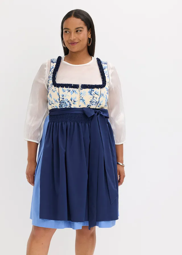 Dirndl avec tablier brodé (ens. 2 pces), Couleur: bleu foncé/beige à fleurs