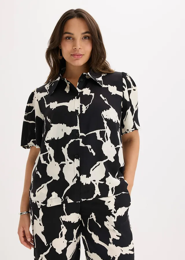Blouse van soepel satijn, Kleur: zwart-wit gedessineerd
