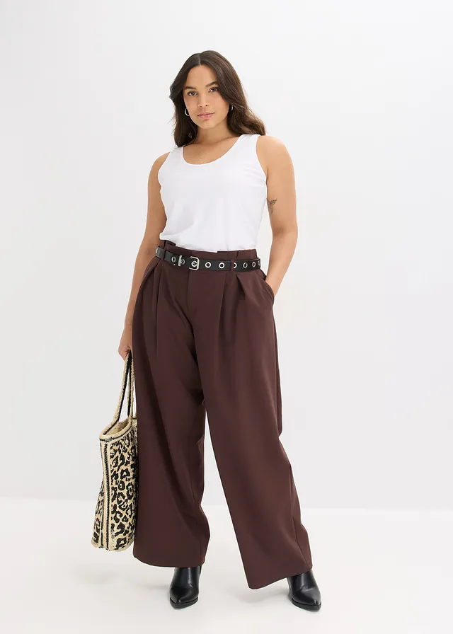 Pantalon à pinces avec  taille élastiquée, Couleur: marron foncé