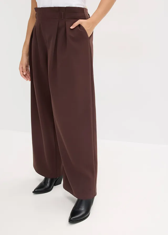 Wijde bandplooibroek met stretch, Kleur: donkerbruin