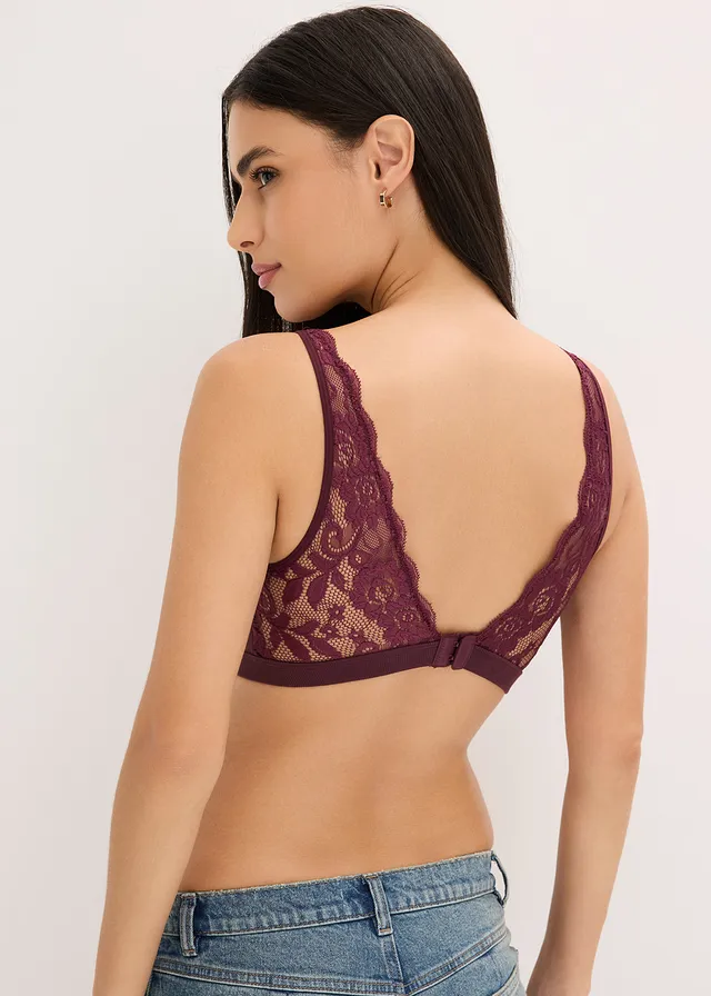 Geribde bralette met biologisch katoen en kant, Kleur: wijnrood