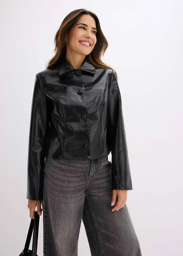 Cropped jasje van imitatieleer met glanzend krokodillenmotief • zwart • product-page.page-title-suffix