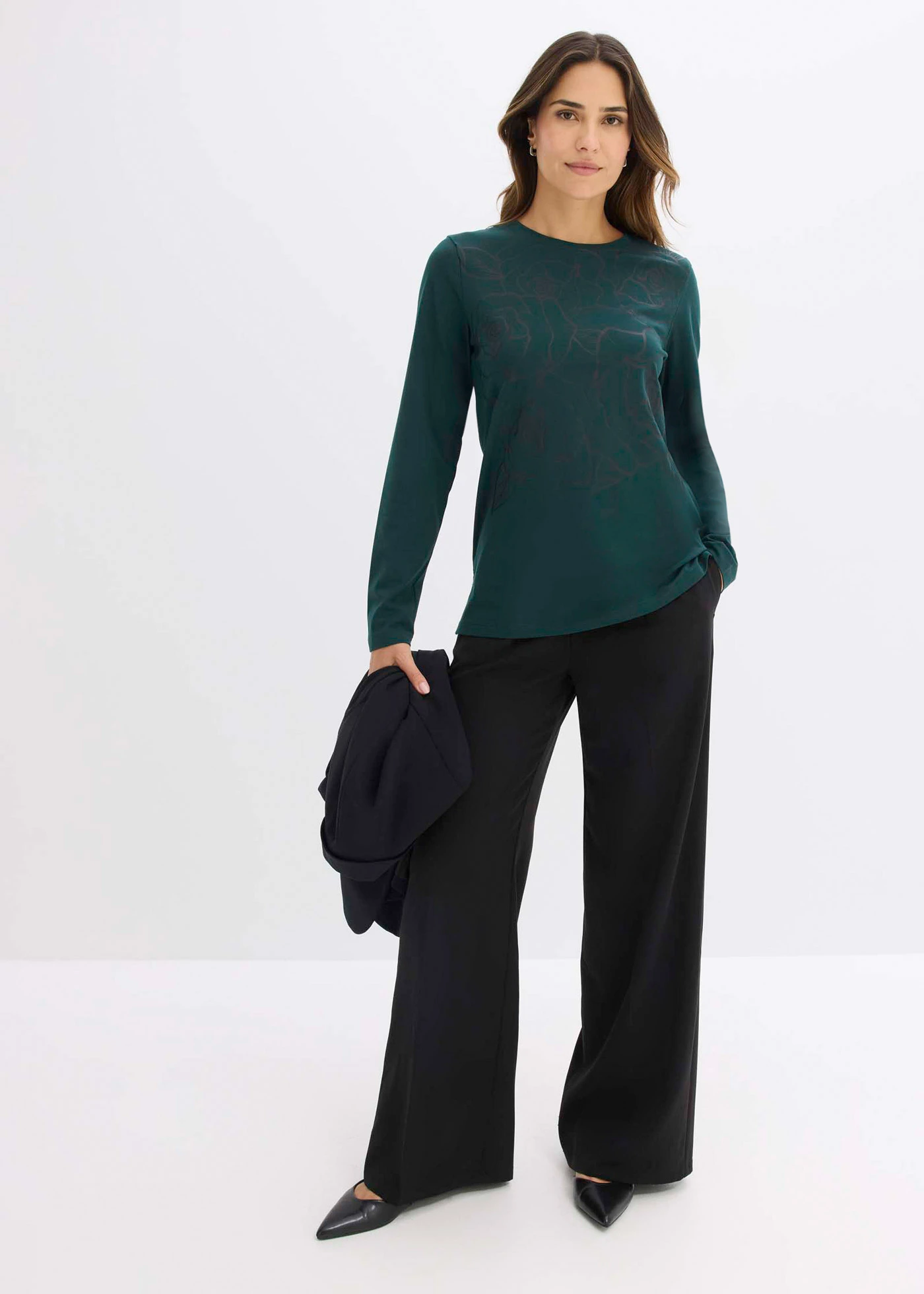 Triko s dlouhým rukávem a potiskem růží • tmavě zeleno-černá • bonprix obchod