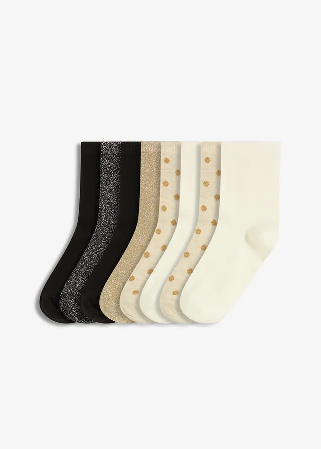 Lot de 8 paires de chaussettes courtes avec lurex • noir + écru + doré + beige clair chiné • Boutique bonprix