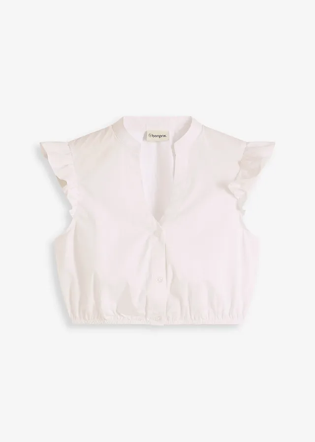Chemisier de Dirndl à col montant et mancherons volantés, Couleur: blanc