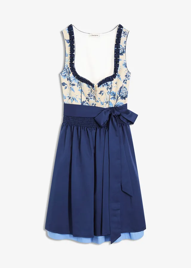Dirndl avec tablier brodé (ens. 2 pces), Couleur: bleu foncé/beige à fleurs
