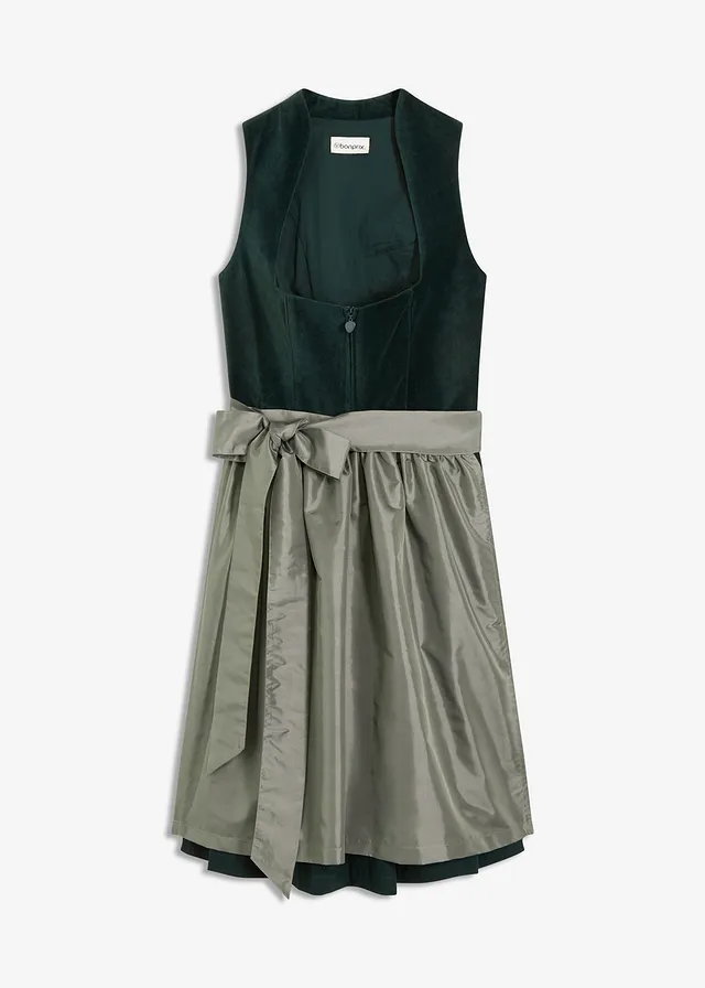 Dirndl avec corsage en velours et tablier en satin, Couleur: olive/olive